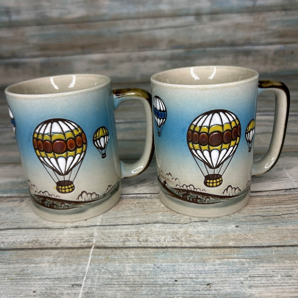 Vintage‎ Otagiri Embossed Textured Mugs Hot Air Balloons Hand Painted Set